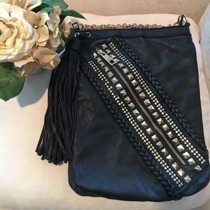 Lionel black leather crossbody bag with gold studs